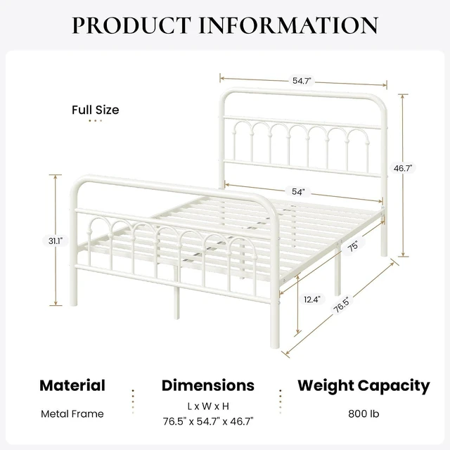 Alt view image 2 of 7 - Full Size Metal Platform Bed Frame with Vintage Headboard and Footboard, Iron Arch with Ball Paint Finish, Under Storage Space, No Box Spring Needed, Easy to Assemble, Cream White