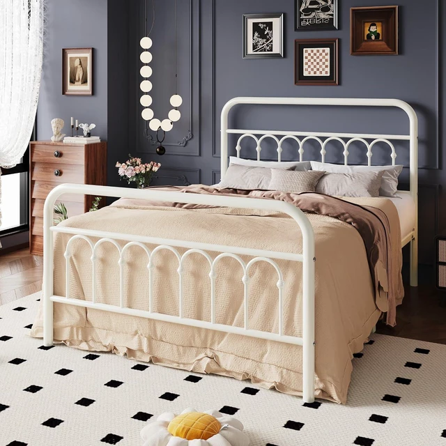 Alt view image 3 of 7 - Full Size Metal Platform Bed Frame with Vintage Headboard and Footboard, Iron Arch with Ball Paint Finish, Under Storage Space, No Box Spring Needed, Easy to Assemble, Cream White