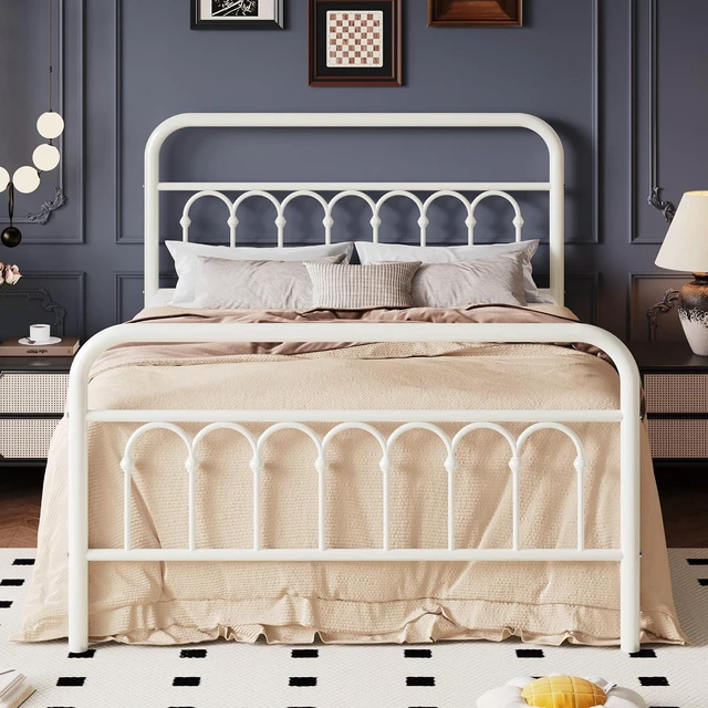 Main image of Full Size Metal Platform Bed Frame with Vintage Headboard and Footboard, Iron Arch with Ball Paint Finish, Under Storage Space, No Box Spring Needed, Easy to Assemble, Cream White