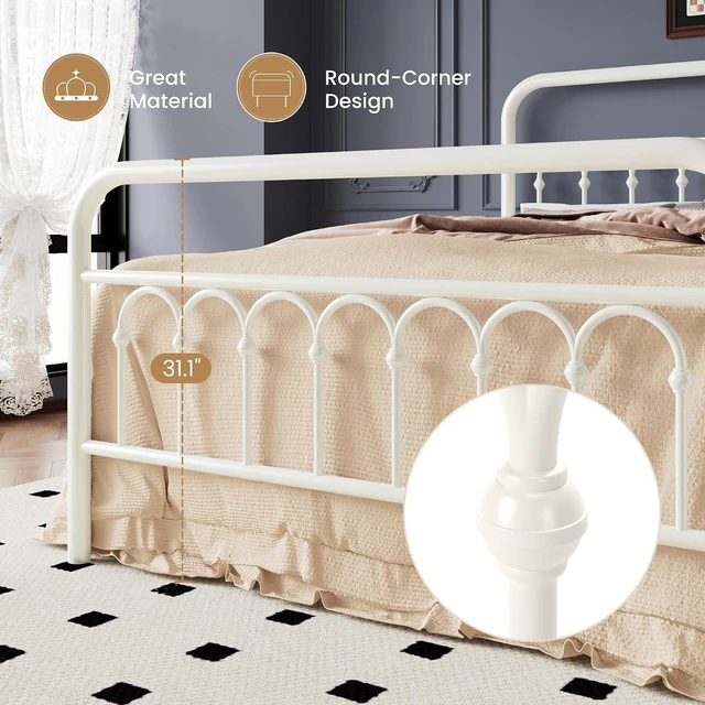 Alt view image 5 of 7 - Full Size Metal Platform Bed Frame with Vintage Headboard and Footboard, Iron Arch with Ball Paint Finish, Under Storage Space, No Box Spring Needed, Easy to Assemble, Cream White