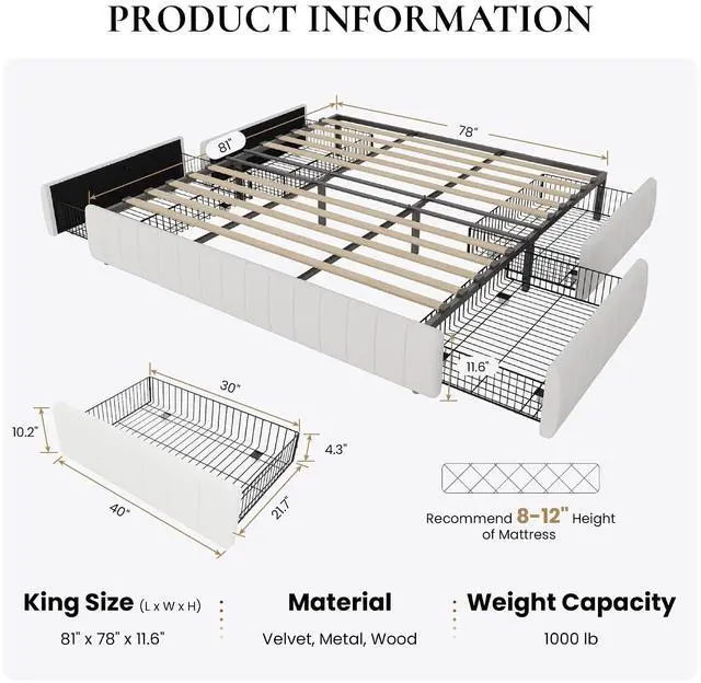 Alt view image 2 of 7 - King Size Velvet Upholstered Platform Bed Frame with 4 Storage Drawers, Vertical Channel Tufted, Low Profile, Fits Standard Headboards, Wooden Slats Support, Easy Assembly, White
