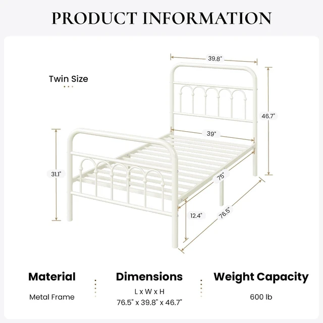 Alt view image 2 of 7 - Twin Size Metal Platform Bed Frame with Vintage Headboard and Footboard, Iron Arch with Ball Paint Finish, Under Storage Space, No Box Spring Needed, Easy to Assemble, Cream White