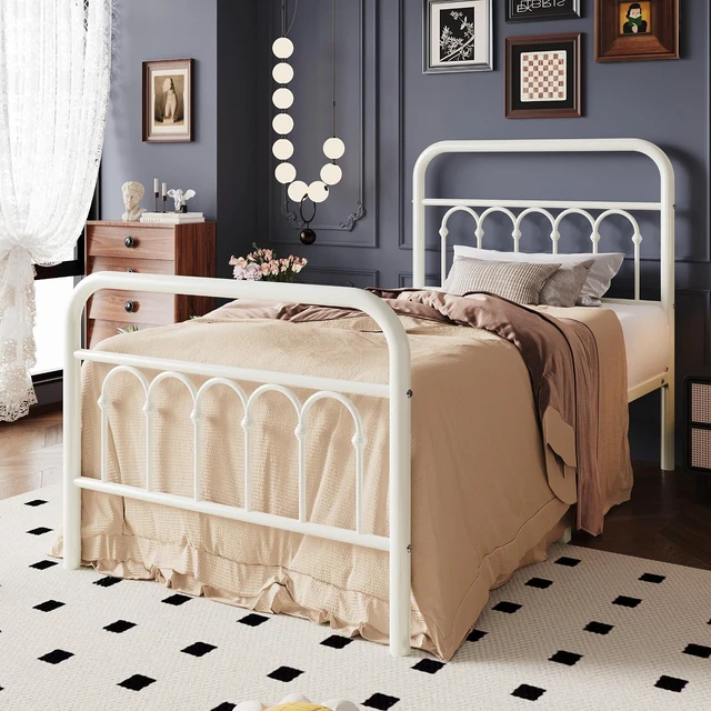 Alt view image 3 of 7 - Twin Size Metal Platform Bed Frame with Vintage Headboard and Footboard, Iron Arch with Ball Paint Finish, Under Storage Space, No Box Spring Needed, Easy to Assemble, Cream White