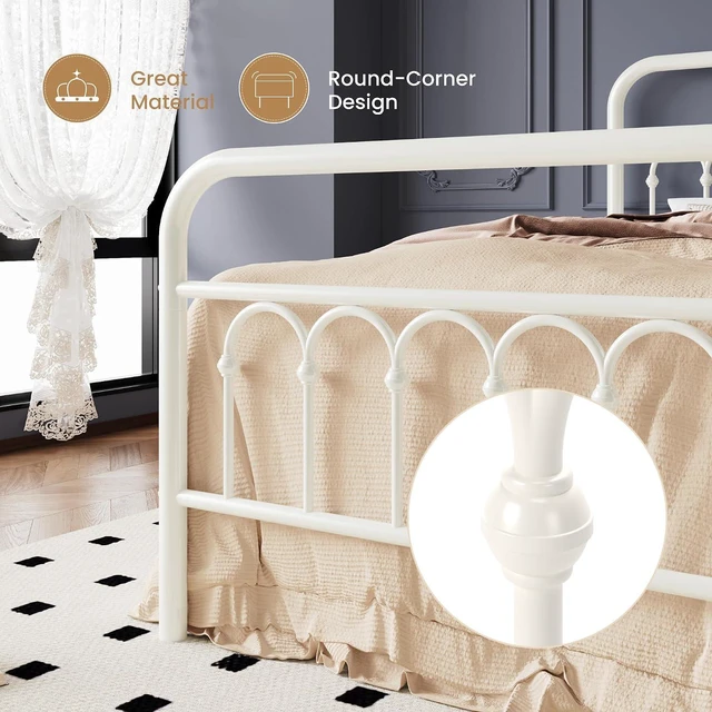Alt view image 5 of 7 - Twin Size Metal Platform Bed Frame with Vintage Headboard and Footboard, Iron Arch with Ball Paint Finish, Under Storage Space, No Box Spring Needed, Easy to Assemble, Cream White