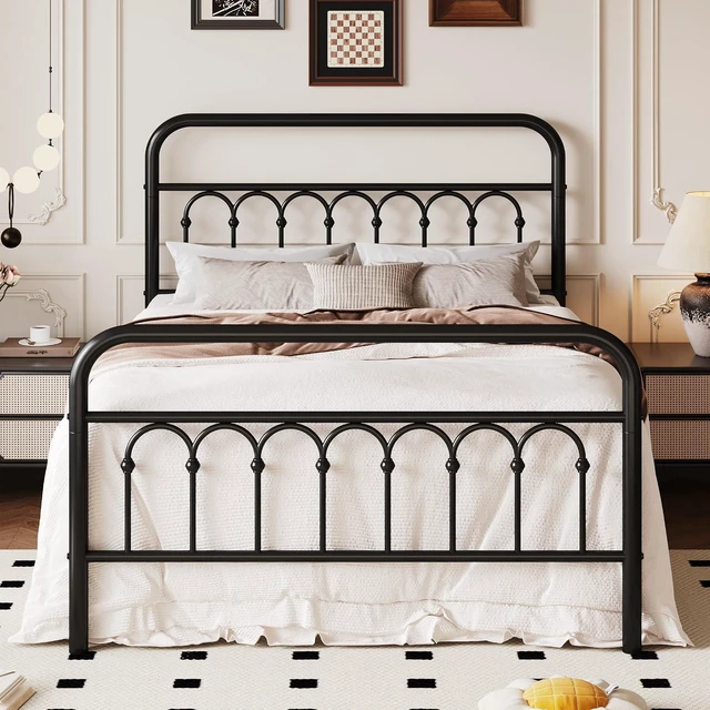 Main image of Full Size Metal Platform Bed Frame with Vintage Headboard and Footboard, Iron Arch with Ball Paint Finish, Under Storage Space, No Box Spring Needed, Easy to Assemble, Black