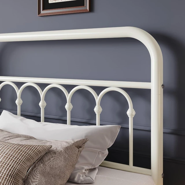 Alt view image 4 of 7 - Twin Size Metal Platform Bed Frame with Vintage Headboard and Footboard, Iron Arch with Ball Paint Finish, Under Storage Space, No Box Spring Needed, Easy to Assemble, Cream White