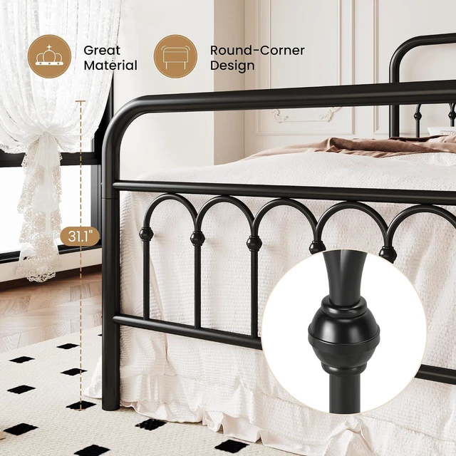 Alt view image 5 of 7 - Twin Size Metal Platform Bed Frame with Vintage Headboard and Footboard, Iron Arch with Ball Paint Finish, Under Storage Space, No Box Spring Needed, Easy to Assemble, Black