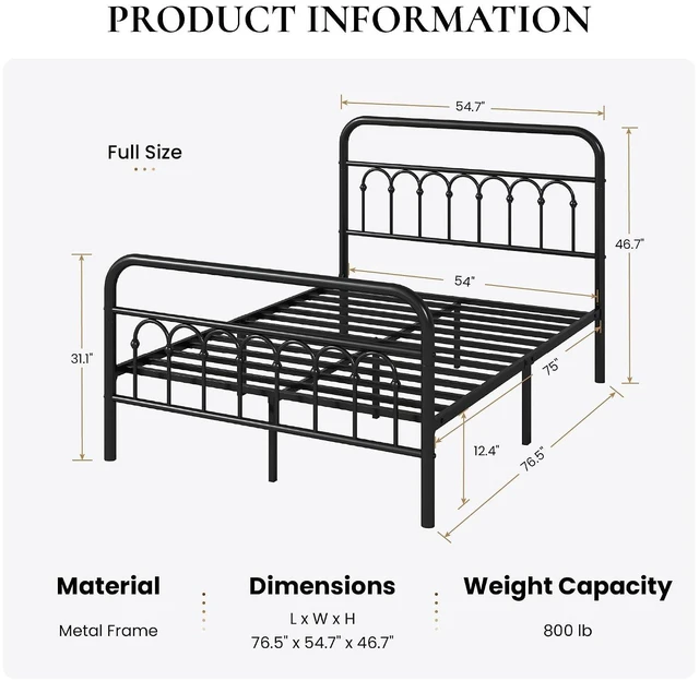 Alt view image 2 of 7 - Full Size Metal Platform Bed Frame with Vintage Headboard and Footboard, Iron Arch with Ball Paint Finish, Under Storage Space, No Box Spring Needed, Easy to Assemble, Black