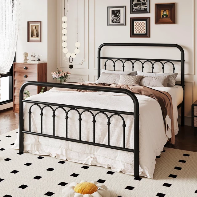 Alt view image 3 of 7 - Full Size Metal Platform Bed Frame with Vintage Headboard and Footboard, Iron Arch with Ball Paint Finish, Under Storage Space, No Box Spring Needed, Easy to Assemble, Black
