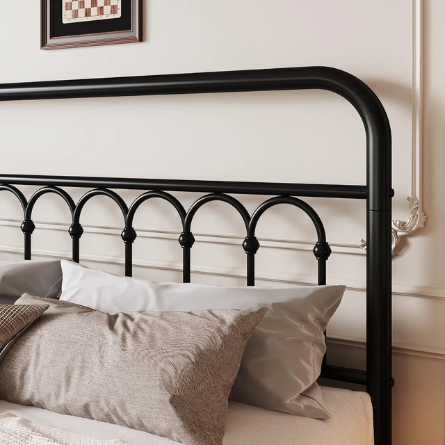 Alt view image 4 of 7 - Full Size Metal Platform Bed Frame with Vintage Headboard and Footboard, Iron Arch with Ball Paint Finish, Under Storage Space, No Box Spring Needed, Easy to Assemble, Black