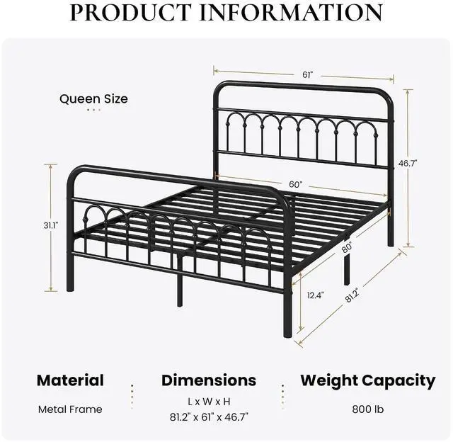 Alt view image 2 of 7 - Queen Size Metal Platform Bed Frame with Vintage Headboard and Footboard, Iron Arch with Ball Paint Finish, Under Storage Space, No Box Spring Needed, Easy to Assemble, Black