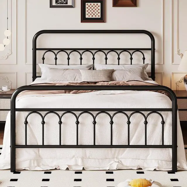 Main image of Queen Size Metal Platform Bed Frame with Vintage Headboard and Footboard, Iron Arch with Ball Paint Finish, Under Storage Space, No Box Spring Needed, Easy to Assemble, Black