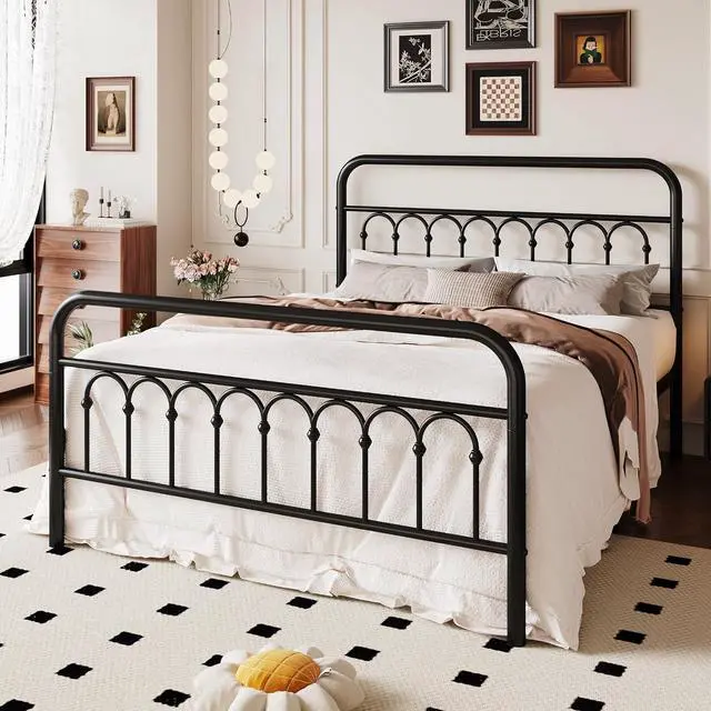 Alt view image 3 of 7 - Queen Size Metal Platform Bed Frame with Vintage Headboard and Footboard, Iron Arch with Ball Paint Finish, Under Storage Space, No Box Spring Needed, Easy to Assemble, Black