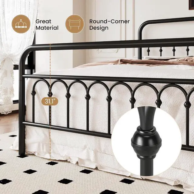 Alt view image 5 of 7 - Queen Size Metal Platform Bed Frame with Vintage Headboard and Footboard, Iron Arch with Ball Paint Finish, Under Storage Space, No Box Spring Needed, Easy to Assemble, Black