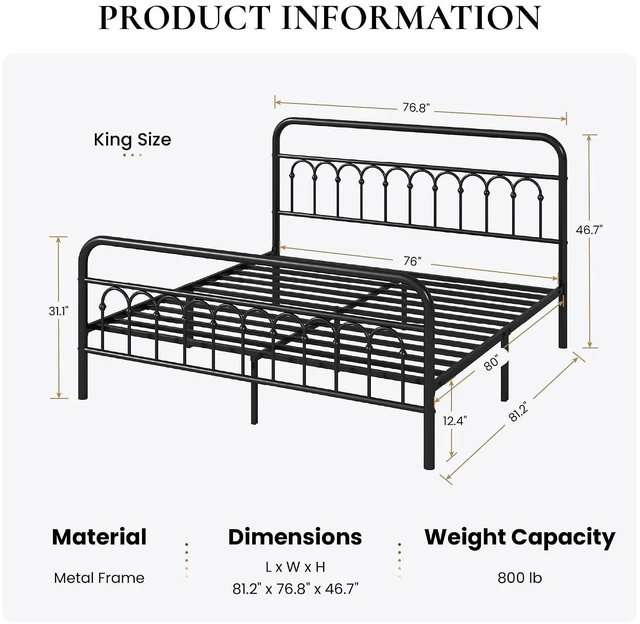 Alt view image 2 of 7 - King Size Metal Platform Bed Frame with Vintage Headboard and Footboard, Iron Arch with Ball Paint Finish, Under Storage Space, No Box Spring Needed, Easy to Assemble, Black