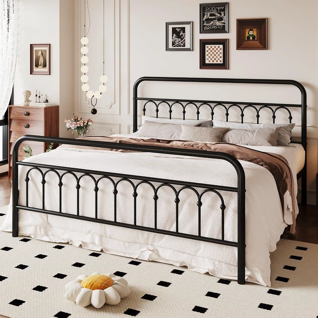 Alt view image 3 of 7 - King Size Metal Platform Bed Frame with Vintage Headboard and Footboard, Iron Arch with Ball Paint Finish, Under Storage Space, No Box Spring Needed, Easy to Assemble, Black