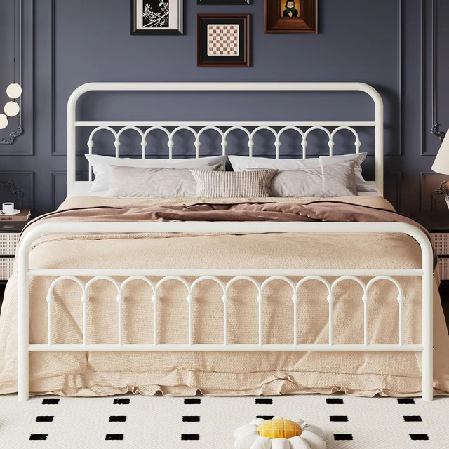 Main image of King Size Metal Platform Bed Frame with Vintage Headboard and Footboard, Iron Arch with Ball Paint Finish, Under Storage Space, No Box Spring Needed, Easy to Assemble, Cream White