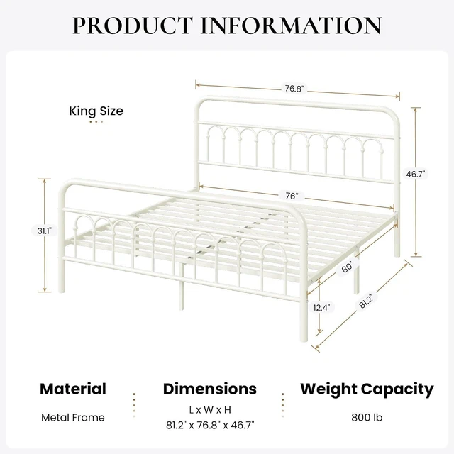 Alt view image 2 of 7 - King Size Metal Platform Bed Frame with Vintage Headboard and Footboard, Iron Arch with Ball Paint Finish, Under Storage Space, No Box Spring Needed, Easy to Assemble, Cream White