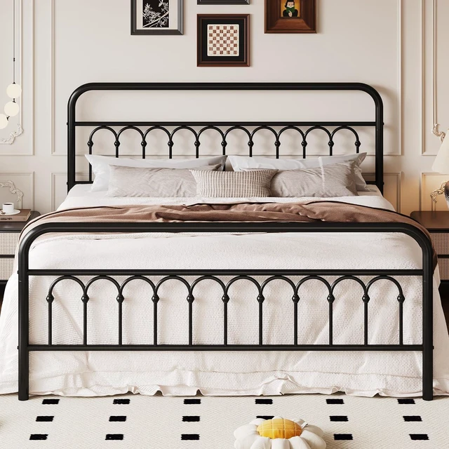 Main image of King Size Metal Platform Bed Frame with Vintage Headboard and Footboard, Iron Arch with Ball Paint Finish, Under Storage Space, No Box Spring Needed, Easy to Assemble, Black