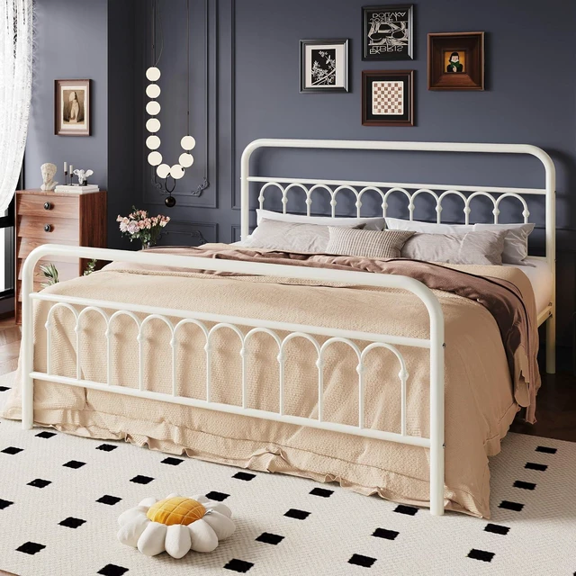 Alt view image 3 of 7 - King Size Metal Platform Bed Frame with Vintage Headboard and Footboard, Iron Arch with Ball Paint Finish, Under Storage Space, No Box Spring Needed, Easy to Assemble, Cream White