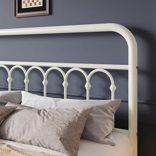 Alt view image 4 of 7 - Queen Size Metal Platform Bed Frame with Vintage Headboard and Footboard, Iron Arch with Ball Paint Finish, Under Storage Space, No Box Spring Needed, Easy to Assemble, Cream White