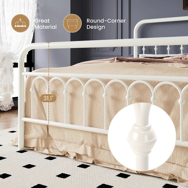 Alt view image 5 of 7 - Queen Size Metal Platform Bed Frame with Vintage Headboard and Footboard, Iron Arch with Ball Paint Finish, Under Storage Space, No Box Spring Needed, Easy to Assemble, Cream White