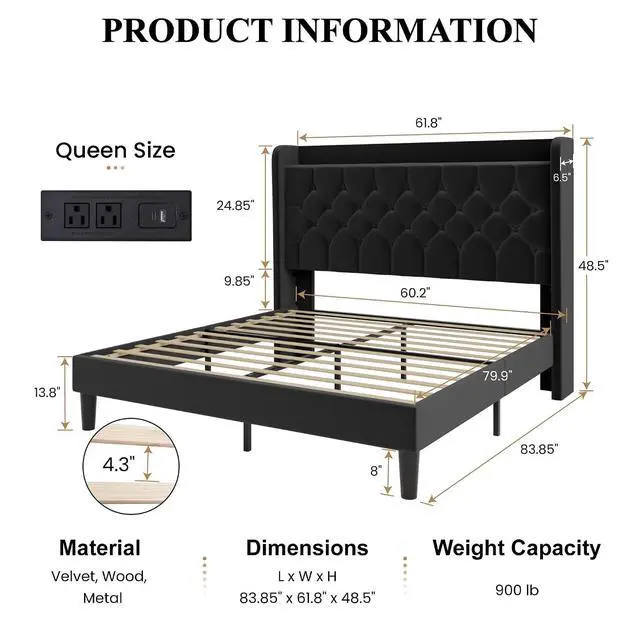 Alt view image 2 of 7 - Queen Size Platform Bed Frame with Charging Station, Velvet Wingback Headboard with Storage Shelf, Wooden Slats Support, Ample Under-Bed Space, No Box Spring Needed, Easy Assembly, Black
