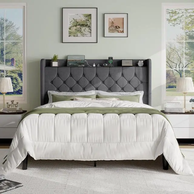 Main image of Full Size Platform Bed Frame with Charging Station, Linen Wingback Headboard with Storage Shelf, Wooden Slats Support, Ample Under-Bed Space, No Box Spring Needed, Easy Assembly, Dark Grey