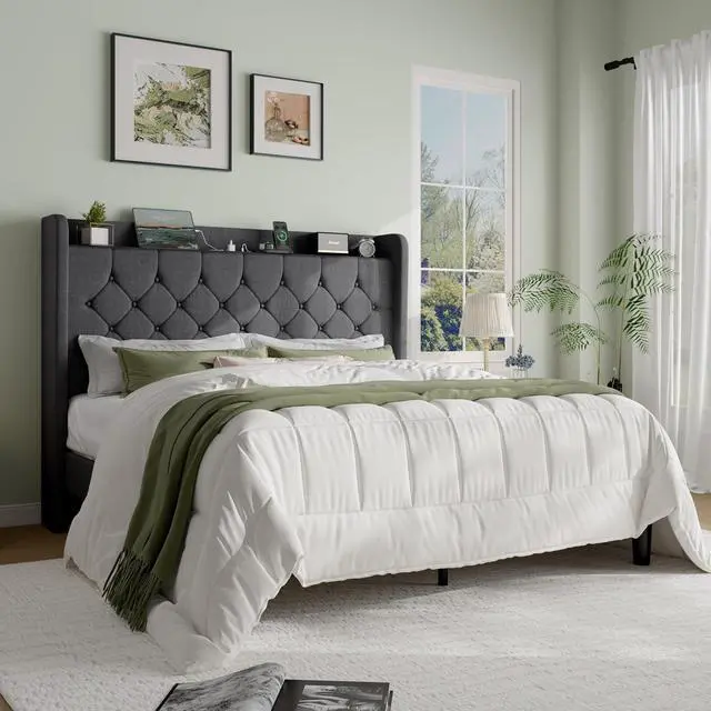 Alt view image 3 of 7 - Full Size Platform Bed Frame with Charging Station, Linen Wingback Headboard with Storage Shelf, Wooden Slats Support, Ample Under-Bed Space, No Box Spring Needed, Easy Assembly, Dark Grey
