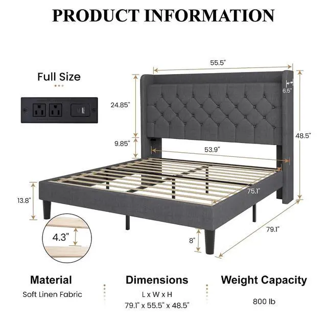 Alt view image 2 of 7 - Full Size Platform Bed Frame with Charging Station, Linen Wingback Headboard with Storage Shelf, Wooden Slats Support, Ample Under-Bed Space, No Box Spring Needed, Easy Assembly, Dark Grey