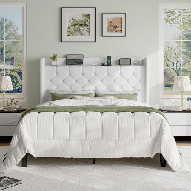 Main image of Full Size Platform Bed Frame with Charging Station, Velvet Wingback Headboard with Storage Shelf, Wooden Slats Support, Ample Under-Bed Space, No Box Spring Needed, Easy Assembly, White