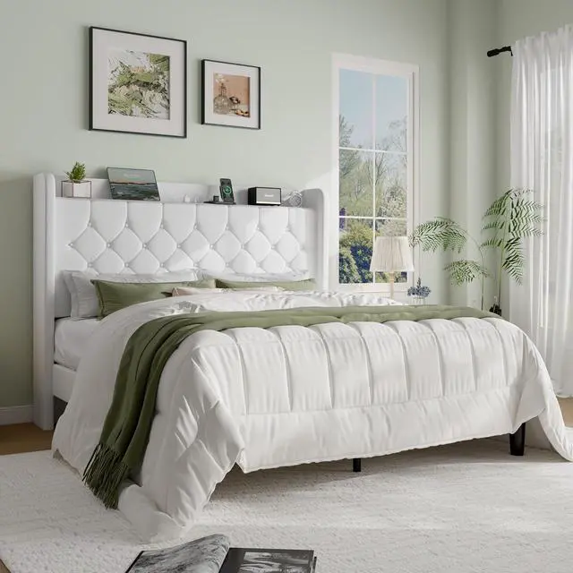 Alt view image 3 of 7 - Full Size Platform Bed Frame with Charging Station, Velvet Wingback Headboard with Storage Shelf, Wooden Slats Support, Ample Under-Bed Space, No Box Spring Needed, Easy Assembly, White
