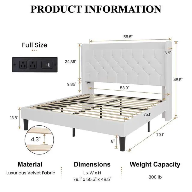 Alt view image 2 of 7 - Full Size Platform Bed Frame with Charging Station, Velvet Wingback Headboard with Storage Shelf, Wooden Slats Support, Ample Under-Bed Space, No Box Spring Needed, Easy Assembly, White