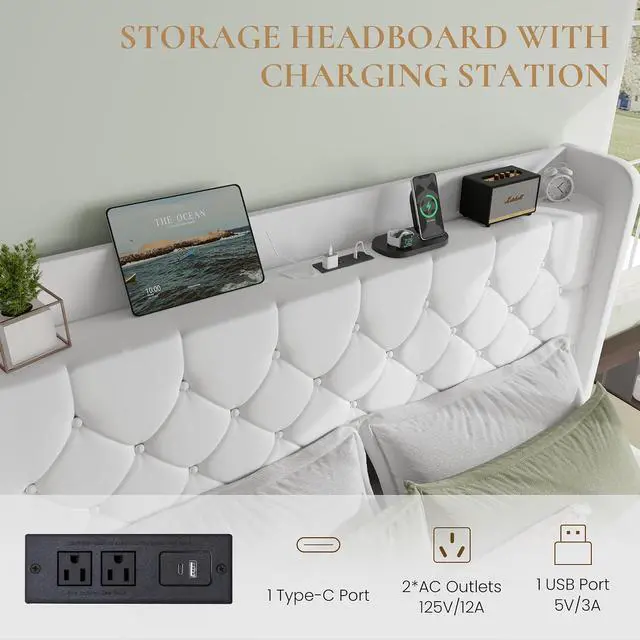 Alt view image 4 of 7 - Full Size Platform Bed Frame with Charging Station, Velvet Wingback Headboard with Storage Shelf, Wooden Slats Support, Ample Under-Bed Space, No Box Spring Needed, Easy Assembly, White