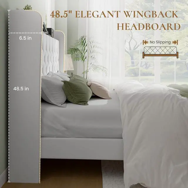 Alt view image 5 of 7 - Full Size Platform Bed Frame with Charging Station, Velvet Wingback Headboard with Storage Shelf, Wooden Slats Support, Ample Under-Bed Space, No Box Spring Needed, Easy Assembly, White