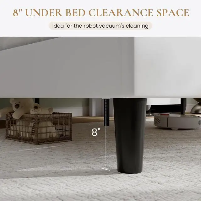 Alt view image 6 of 7 - Full Size Platform Bed Frame with Charging Station, Velvet Wingback Headboard with Storage Shelf, Wooden Slats Support, Ample Under-Bed Space, No Box Spring Needed, Easy Assembly, White