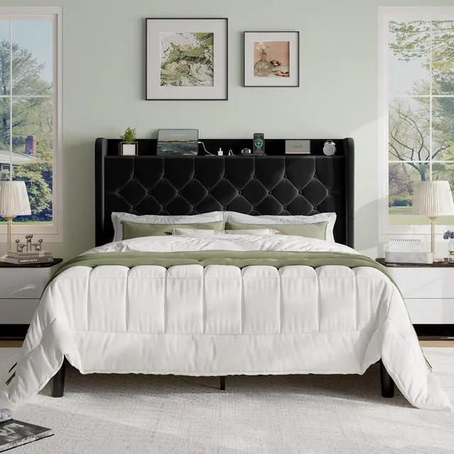 Main image of Queen Size Platform Bed Frame with Charging Station, Velvet Wingback Headboard with Storage Shelf, Wooden Slats Support, Ample Under-Bed Space, No Box Spring Needed, Easy Assembly, Black