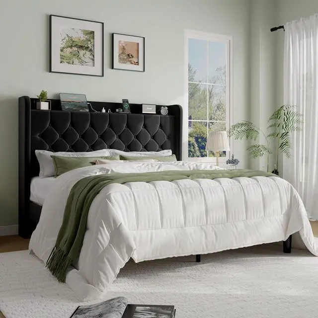 Alt view image 3 of 7 - Queen Size Platform Bed Frame with Charging Station, Velvet Wingback Headboard with Storage Shelf, Wooden Slats Support, Ample Under-Bed Space, No Box Spring Needed, Easy Assembly, Black