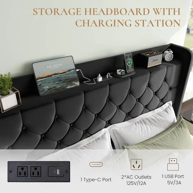 Alt view image 4 of 7 - Queen Size Platform Bed Frame with Charging Station, Velvet Wingback Headboard with Storage Shelf, Wooden Slats Support, Ample Under-Bed Space, No Box Spring Needed, Easy Assembly, Black
