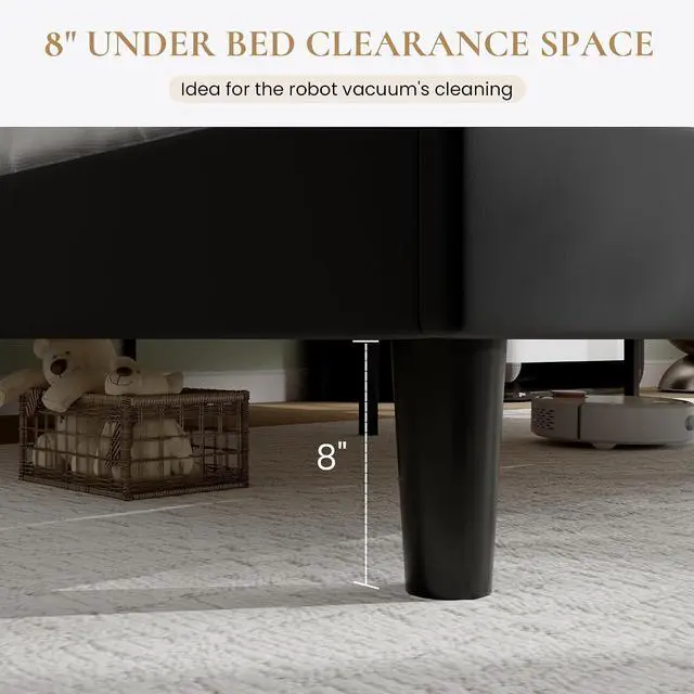 Alt view image 6 of 7 - Queen Size Platform Bed Frame with Charging Station, Velvet Wingback Headboard with Storage Shelf, Wooden Slats Support, Ample Under-Bed Space, No Box Spring Needed, Easy Assembly, Black
