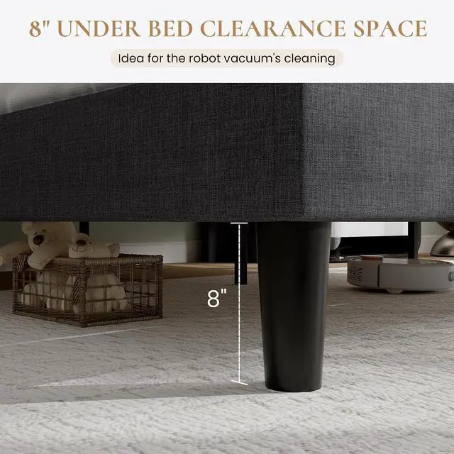 Alt view image 6 of 7 - Full Size Platform Bed Frame with Charging Station, Linen Wingback Headboard with Storage Shelf, Wooden Slats Support, Ample Under-Bed Space, No Box Spring Needed, Easy Assembly, Dark Grey