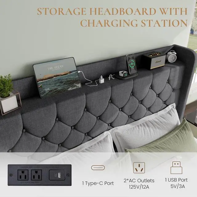 Alt view image 4 of 7 - Full Size Platform Bed Frame with Charging Station, Linen Wingback Headboard with Storage Shelf, Wooden Slats Support, Ample Under-Bed Space, No Box Spring Needed, Easy Assembly, Dark Grey