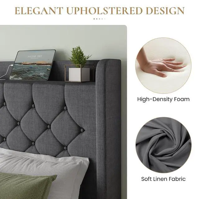 Alt view image 7 of 7 - Full Size Platform Bed Frame with Charging Station, Linen Wingback Headboard with Storage Shelf, Wooden Slats Support, Ample Under-Bed Space, No Box Spring Needed, Easy Assembly, Dark Grey