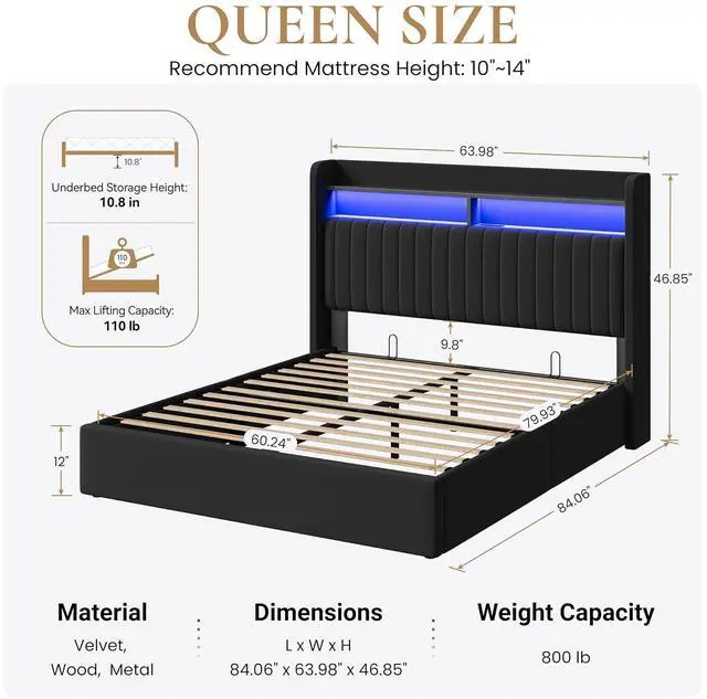 Alt view image 2 of 7 - Queen Size Lift Up Storage Bed Frame/LED Lights/Charging Station/2-Tier Shelves Headboard/USB,Type-C Ports/Velvet Upholstered/Hydraulic Support/No Box Spring Needed/Noise Free/Black