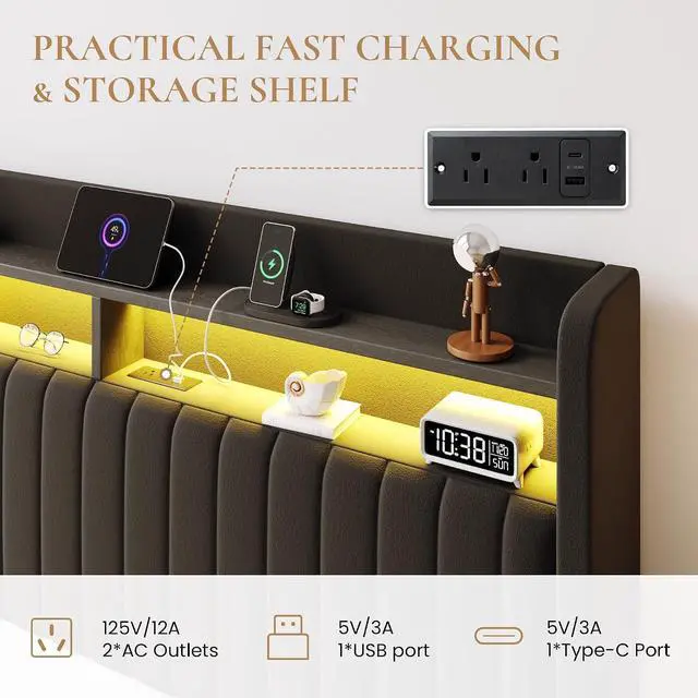 Alt view image 3 of 7 - Queen Size Lift Up Storage Bed Frame/LED Lights/Charging Station/2-Tier Shelves Headboard/USB,Type-C Ports/Velvet Upholstered/Hydraulic Support/No Box Spring Needed/Noise Free/Black