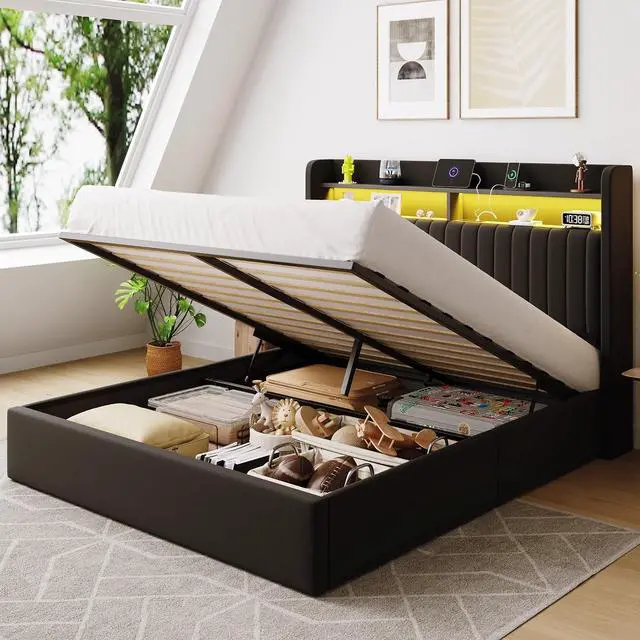 Main image of Queen Size Lift Up Storage Bed Frame/LED Lights/Charging Station/2-Tier Shelves Headboard/USB,Type-C Ports/Velvet Upholstered/Hydraulic Support/No Box Spring Needed/Noise Free/Black
