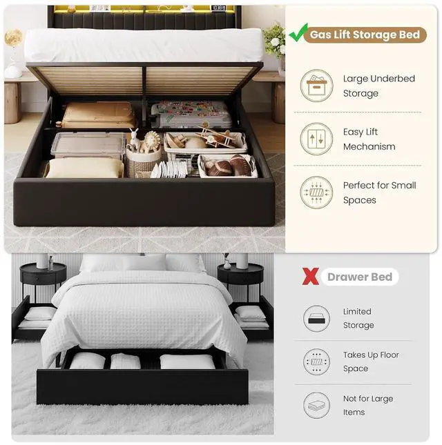 Alt view image 4 of 7 - Queen Size Lift Up Storage Bed Frame/LED Lights/Charging Station/2-Tier Shelves Headboard/USB,Type-C Ports/Velvet Upholstered/Hydraulic Support/No Box Spring Needed/Noise Free/Black