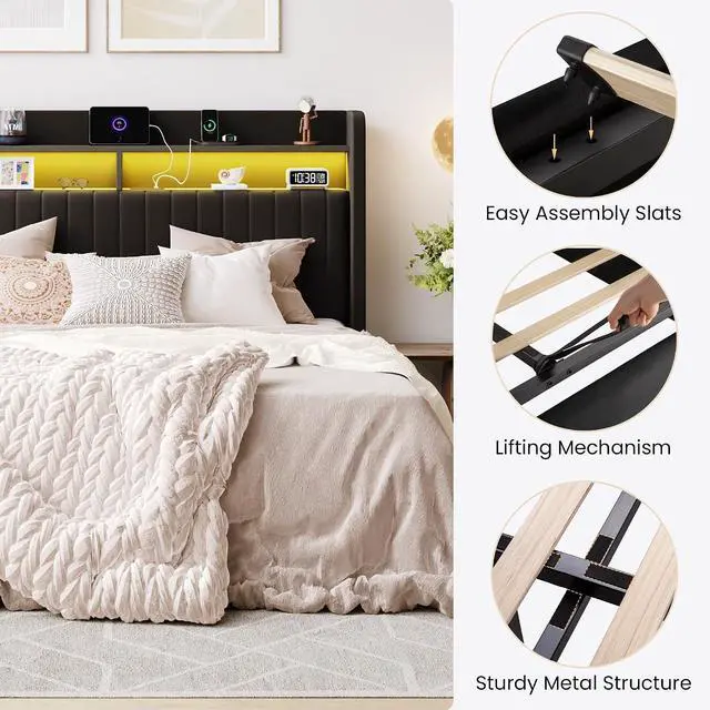 Alt view image 6 of 7 - Queen Size Lift Up Storage Bed Frame/LED Lights/Charging Station/2-Tier Shelves Headboard/USB,Type-C Ports/Velvet Upholstered/Hydraulic Support/No Box Spring Needed/Noise Free/Black