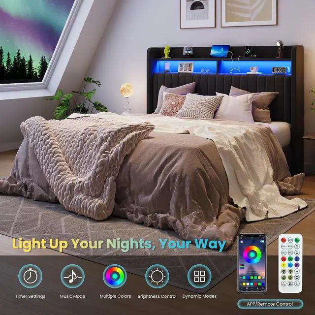 Alt view image 5 of 7 - Queen Size Lift Up Storage Bed Frame/LED Lights/Charging Station/2-Tier Shelves Headboard/USB,Type-C Ports/Velvet Upholstered/Hydraulic Support/No Box Spring Needed/Noise Free/Black