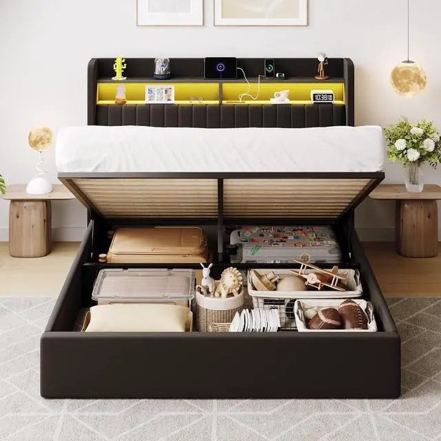 Alt view image 7 of 7 - Queen Size Lift Up Storage Bed Frame/LED Lights/Charging Station/2-Tier Shelves Headboard/USB,Type-C Ports/Velvet Upholstered/Hydraulic Support/No Box Spring Needed/Noise Free/Black